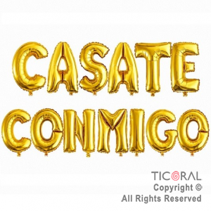 SET DE GLOBOS METALIZADO FRASE CASATE CONMIGO ORO 13 UNIDADES